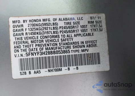 2011 Honda Pilot Lx из США, поврежденный, VIN 5FNYF3H28BB053865